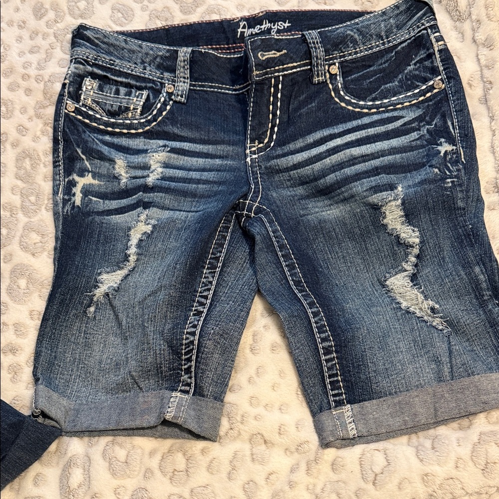 Amethyst Jeans Distressed Dark Blue Denim Bermuda Shorts